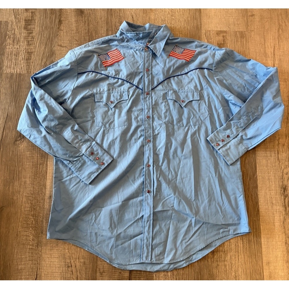 Ely Diamond Shirt Mens XXL Blue Long Sleeve Western Snap American Flag Embroider